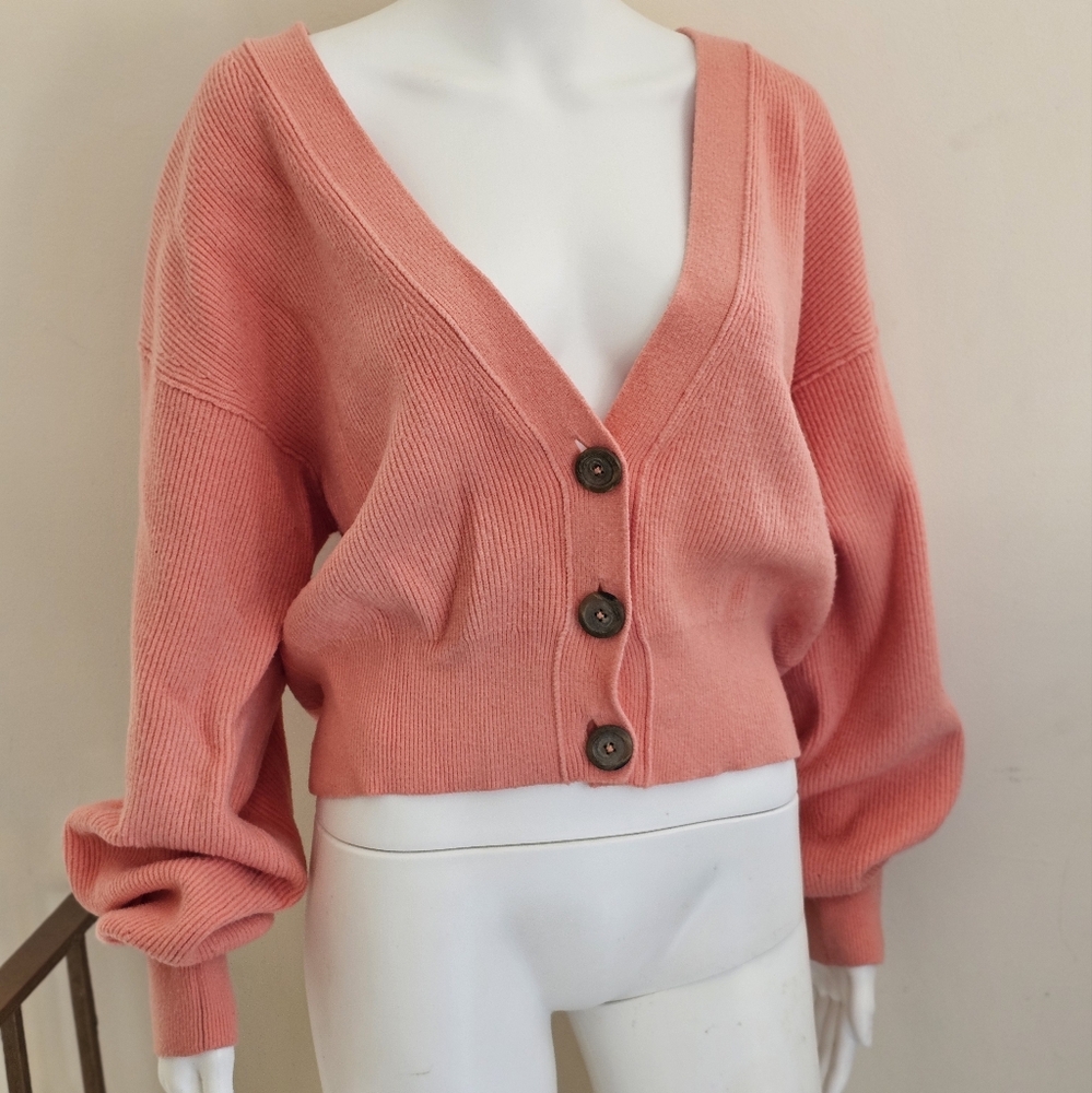 Free People Big Plans Ribbed Cardigan Sweater - Size Large - Peach/Coral - Picture 2 of 15